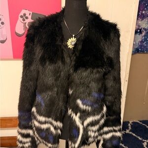 Guess Black and Blue Faux Fur Teddy Jacket